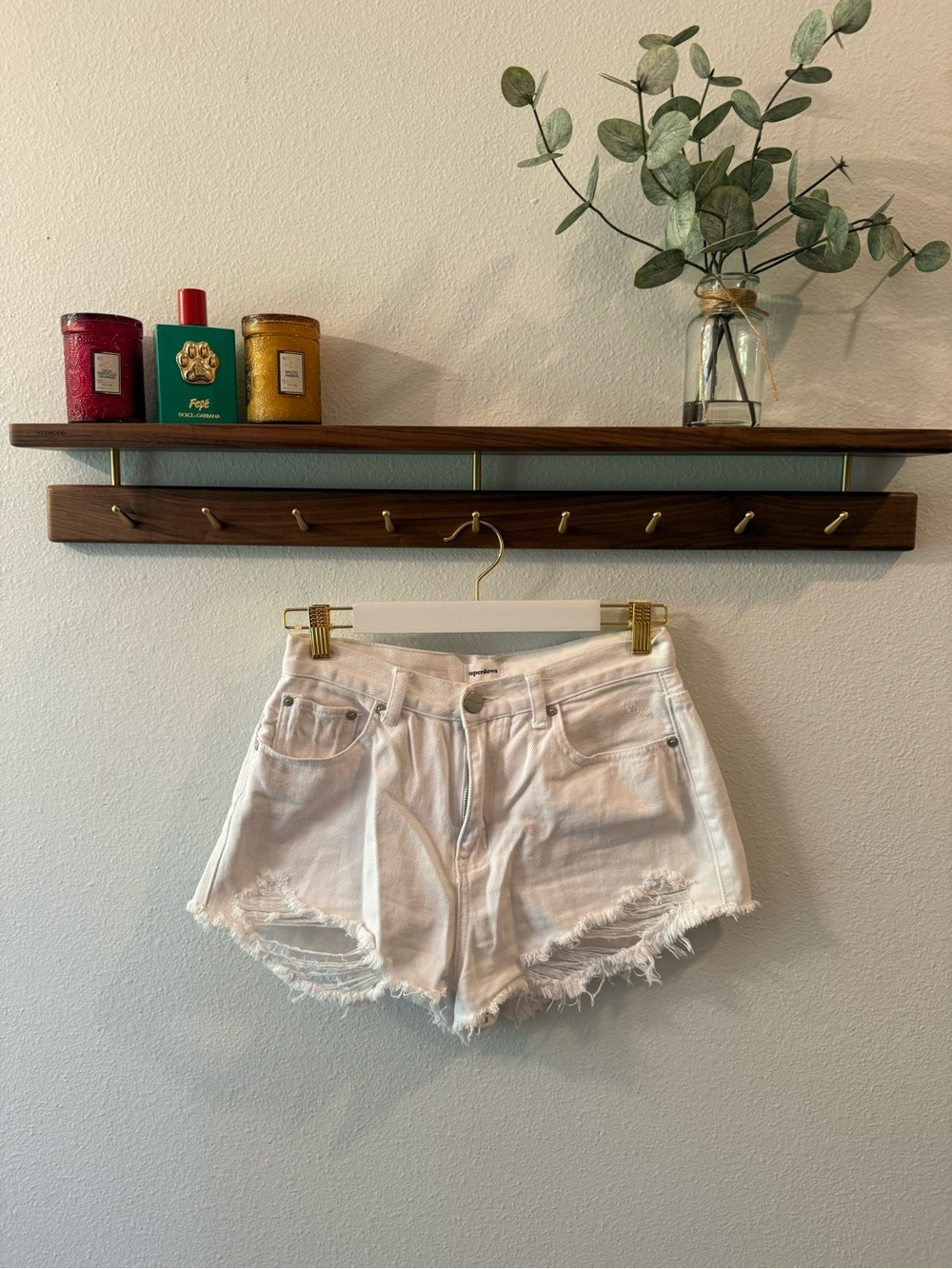 superdown White Distressed High-Rise Denim Cutoff Shorts